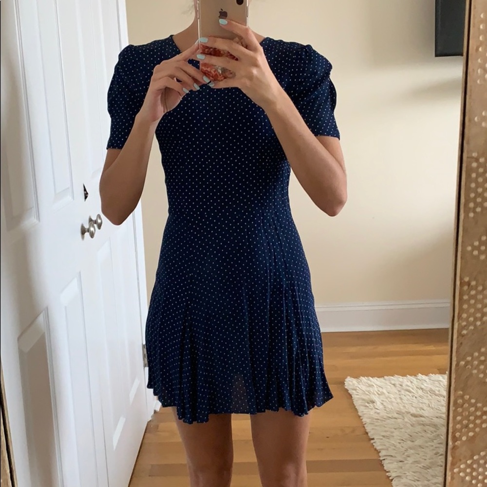 Reformation navy blue polka dot dress